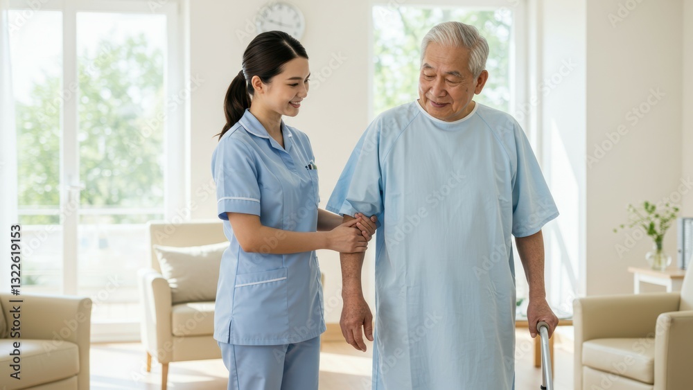 Asian nurse assists elderly Asian man in indoor healthcare setting promoting wellness and compassion Asian nurse assists elderly Asian man in indoor healthcare setting promoting wellness and compassion