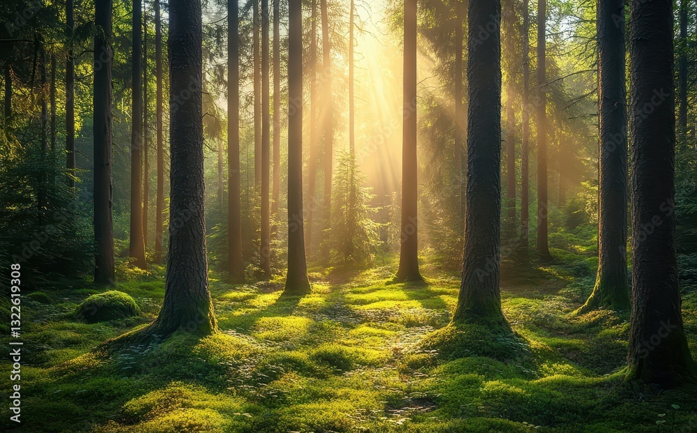Obraz premium Sunlight Filtering Through Tall Trees in a Lush Green Forest Creating a Tranquil and Serene Natural Environment