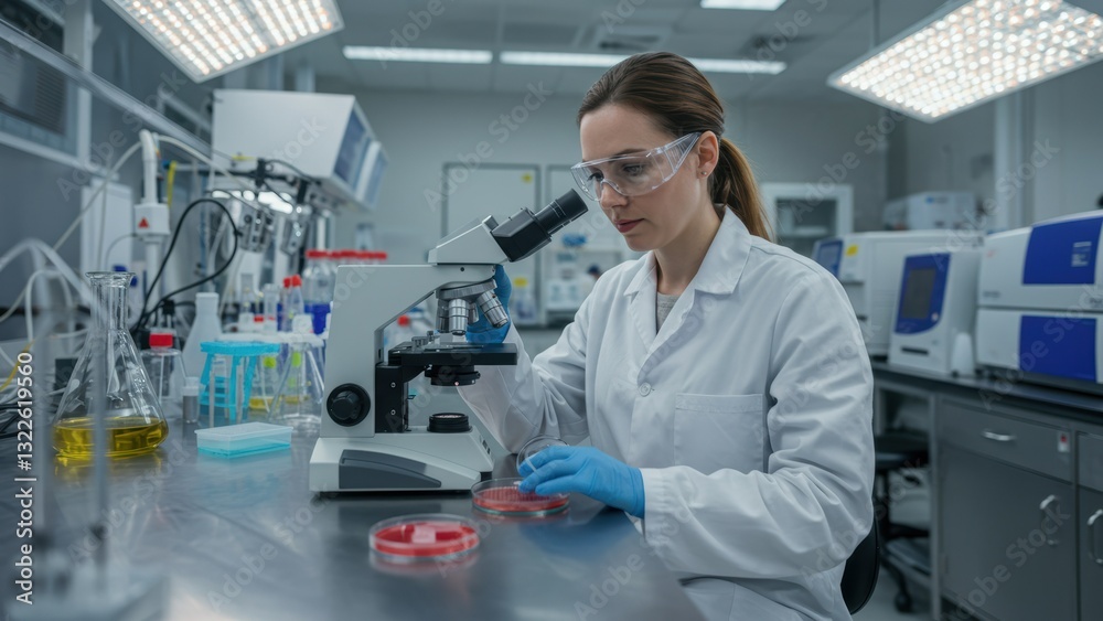 Caucasian woman scientist working in a modern laboratory with a microscope and petri dishes, focused on scientific research and innovation Caucasian woman scientist working in a modern laboratory with a microscope and petri dishes, focused on scientific research and innovation