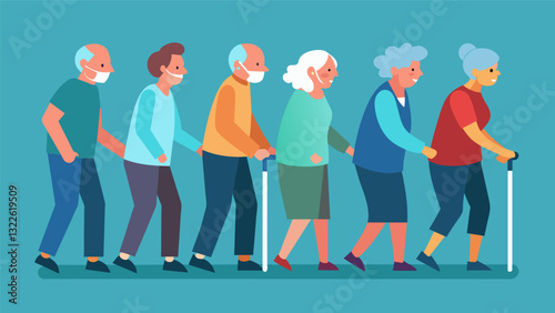 A row of walkers lined up next to a group of seniors who have shed their walking aids to fully immerse themselves in the fluid movements of Tai Chi.. Vector illustration