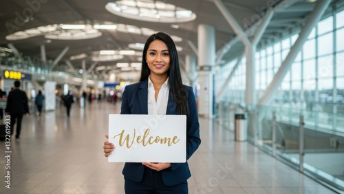 Asian woman holding welcome sign in airport terminal Professional greeting atmosphere promoting travel and hospitality