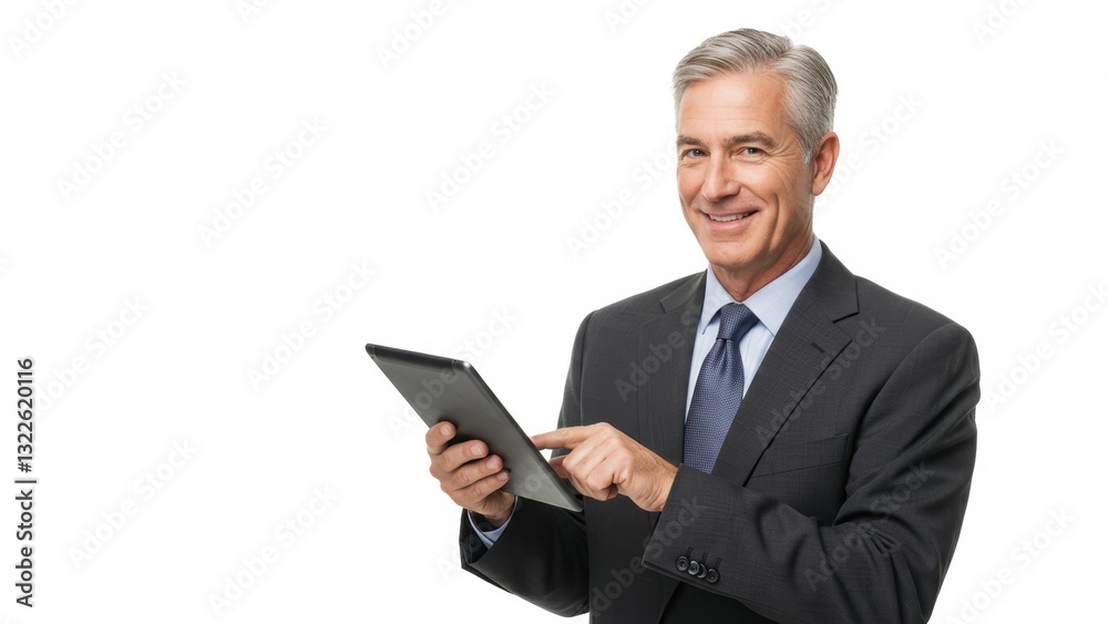 Middle aged Caucasian businessman holding tablet in office setting, projecting professionalism and positivity Concepts: communication, technology Middle aged Caucasian businessman holding tablet in office setting, projecting professionalism and positivity Concepts: communication, technology