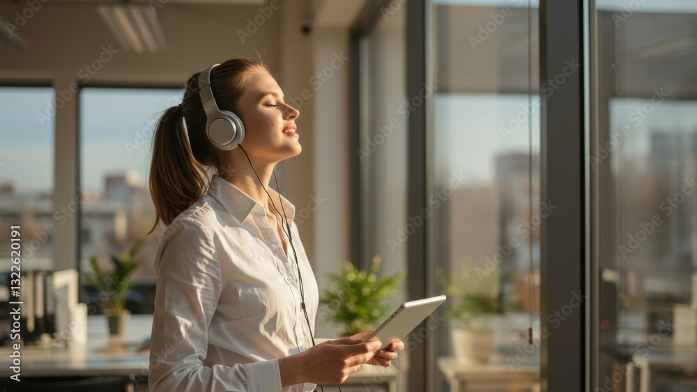Fototapeta premium Young Caucasian woman listening to music with headphones in modern office with natural light Represents wellness and productivity
