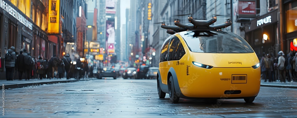 Fototapeta premium Flying taxi concept cruises through a bustling city street