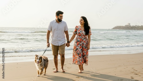 Indian couple walks hand in hand on beach with Australian shepherd dog during sunset, embodying romance and outdoor leisure