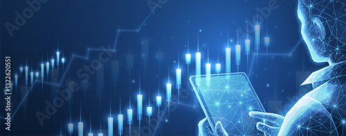 Hand with a magnifying glass and market charts