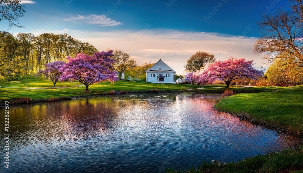 Vibrant Blossoms Bloom in a Lush Maryland Meadow at Dusk, Majestic Trees Cast Shadows Amidst the Soft Glow of Springs First Light. Vibrant Blossoms Bloom in a Lush Maryland Meadow at Dusk, Majestic Trees Cast Shadows Amidst the Soft Glow of Springs First Light.