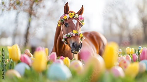 A graceful horse wearing a floral garland, standing in a meadow surrounded by Easter eggs and blooming tulips. 