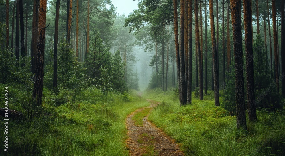Obraz premium Tranquil Forest Path Surrounded by Lush Greenery and Tall Trees in a Misty Environment for Nature and Outdoor Concepts