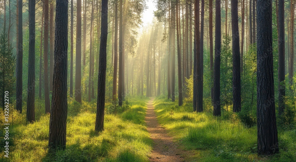 Obraz premium Tranquil Forest Pathway Surrounded by Tall Trees and Soft Green Grass Warmly Lit by Gentle Morning Sunlight in a Serene Natural Environment