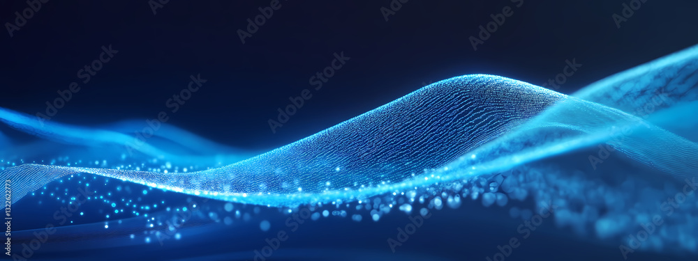 Fototapeta premium Data Flow Visualization: A captivating visual representation of data streaming across a dark backdrop, highlighted by flowing blue waves that suggest movement, connectivity, and digital intricacy.