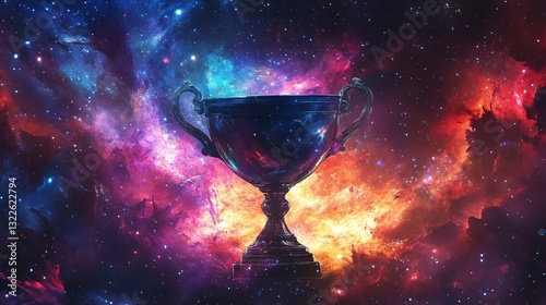 Glowing Trophy in Cosmic Nebula Galaxy - Achievement and Success Illustration photo