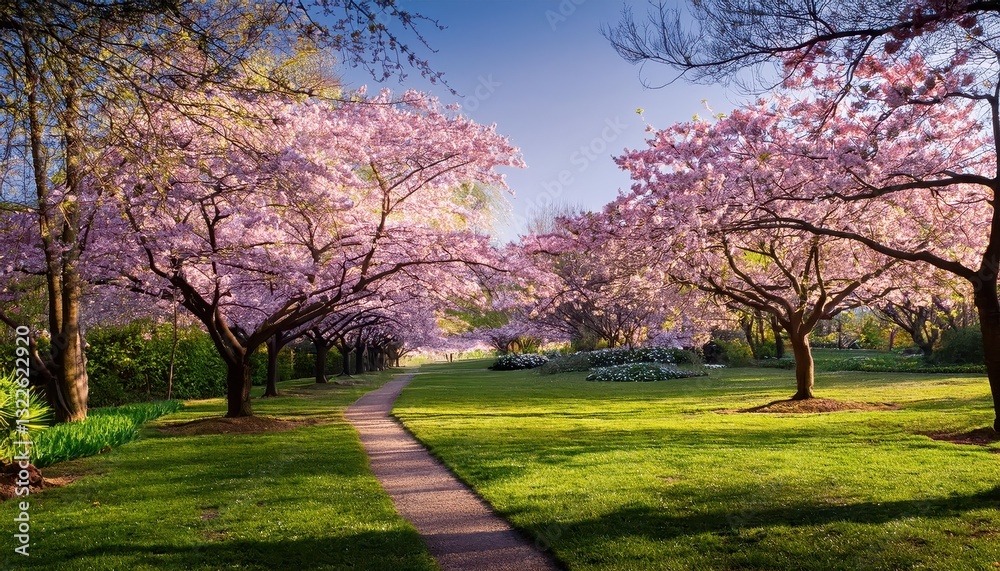 Obraz premium Vibrant Blossoms Blooming in a Lively Spring Park, Painted with Rich Colors and Textures, Filled with Joy and Life in the Early Morning Light.