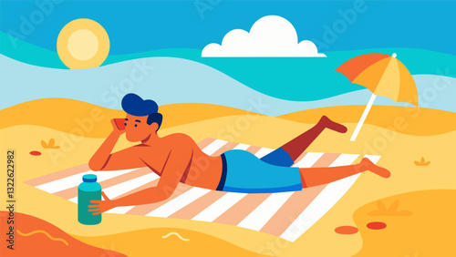 Stretched out on a beach towel a man colors in a picturesque beach scene with the scents of sunscreen and saler in the air using shades of yellow and orange to capture the warm sun. Vector