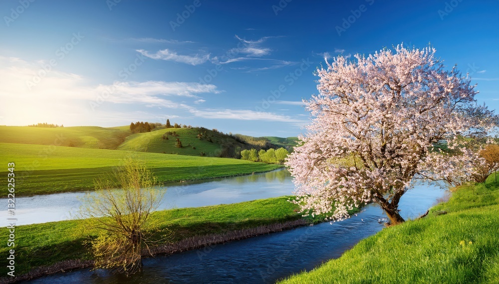 Vibrant Spring Blossoms Bloom Alongside a Peaceful Riverbank, Painted with Warm Earthy Tones and Serene Tranquility, Capturing the Rebirth of Natures Palette. Vibrant Spring Blossoms Bloom Alongside a Peaceful Riverbank, Painted with Warm Earthy Tones and Serene Tranquility, Capturing the Rebirth of Natures Palette.