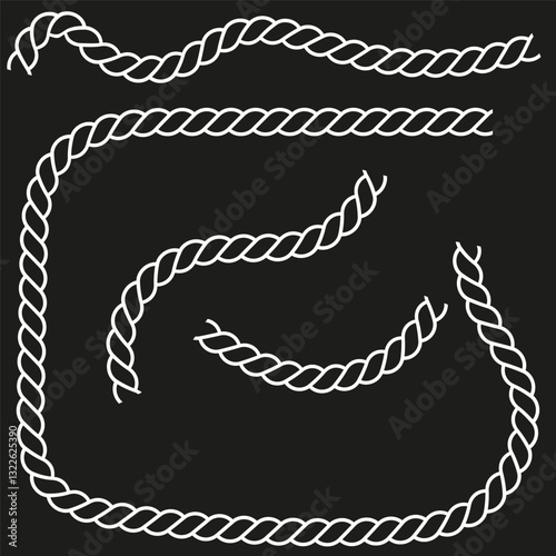 Twisted rope border. Nautical rope set. Strong fiber element. Vector marine design.
