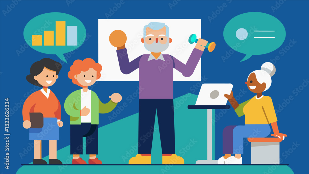 A lecture on the benefits of staying physically active in old age backed by scientific research at a Healthy Aging conference.. Vector illustration A lecture on the benefits of staying physically active in old age backed by scientific research at a Healthy Aging conference.. Vector illustration