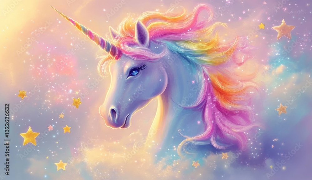 Fototapeta premium Rainbow maned unicorn portrait against a pastel sky, sparkling stars and glitter. Whimsical, magical, dreamy art