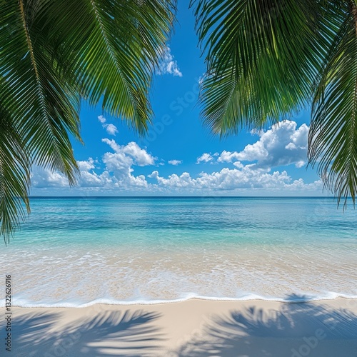 Tranquil Tropical Paradise with Crystal Clear Waters and Lush Palm Trees on a Serene Beach during a Bright Sunny Day