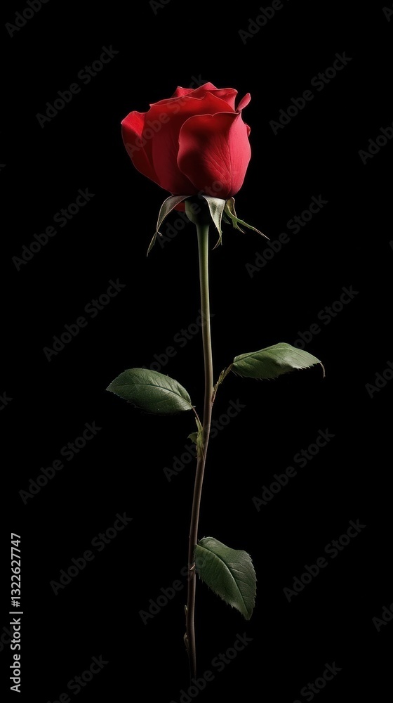 A beautiful red rose with green leaves against black background A beautiful red rose with green leaves against black background