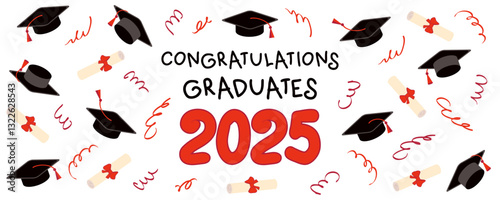 Congratulations graduates 2025 banner with confetti, ribbon, serpentine and graduation caps. Perfect vector design for college, high school, university.