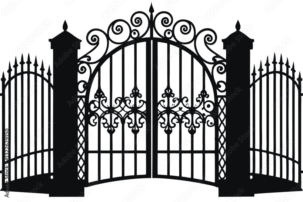 silhouette of a wrought iron gate vector illustration. Metal openwork old gates to the castle. Openwork leaf steel doors to the garden plot silhouette of a wrought iron gate vector illustration. Metal openwork old gates to the castle. Openwork leaf steel doors to the garden plot