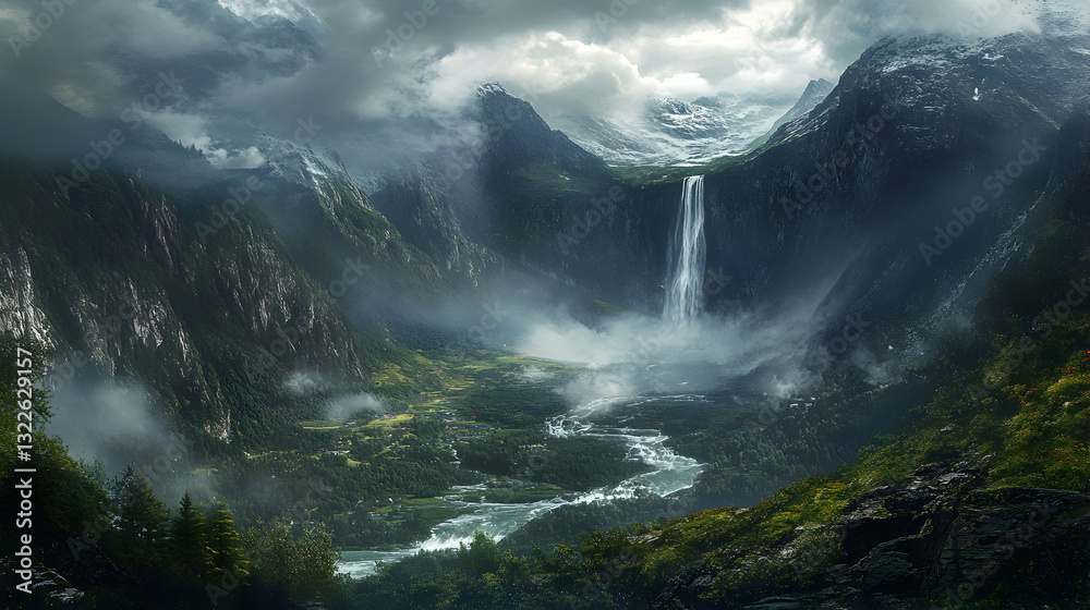 Waterfall cascading into a glacier valley, creating a breathtaking view Waterfall cascading into a glacier valley, creating a breathtaking view