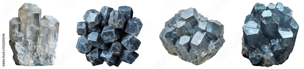 Set of mineral specimens featuring cubic and prismatic crystal formations, PNG, isolated on transparent background. Set of mineral specimens featuring cubic and prismatic crystal formations, PNG, isolated on transparent background.
