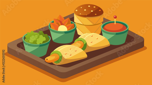 Grab a bite of the world with a snack tray featuring mini gyro wraps curry puffs and cheesefilled arepas inspired by global street food.. Vector illustration