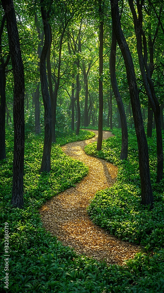 A winding forest pathway basked in sunlight through the trees A winding forest pathway basked in sunlight through the trees
