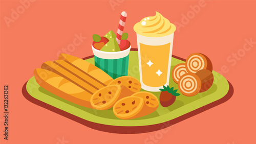 Indulge in a variety of textures and flavors with this street foodinspired platter featuring crunchy churros creamy cannolis and juicy arepas.. Vector illustration