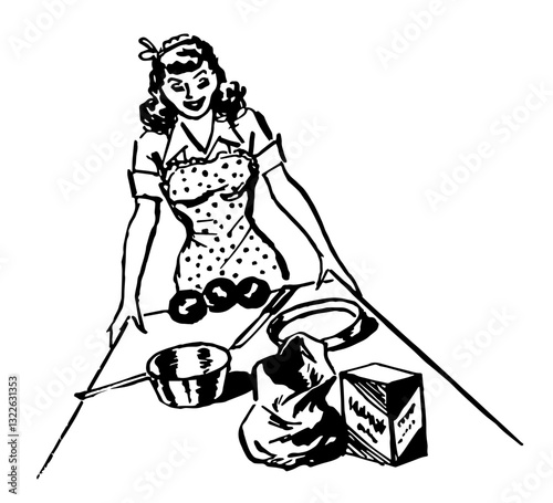 Housewife cooks Dinner, Retro Vector Illustration