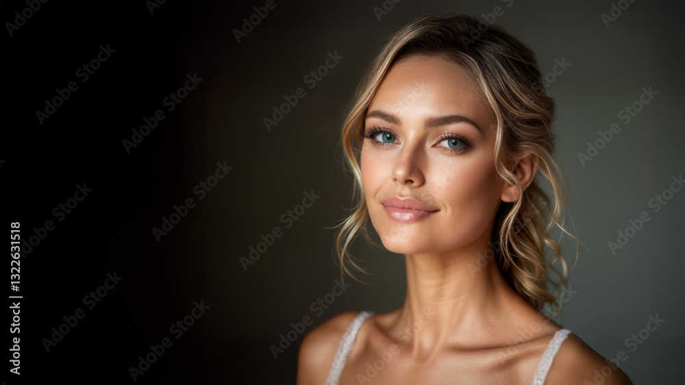 A smiling, beautiful blond model with radiant complexion. Skin care and natural makeup. Studio portrait. Lace nightgown straps. Green eyes. A smiling, beautiful blond model with radiant complexion. Skin care and natural makeup. Studio portrait. Lace nightgown straps. Green eyes.