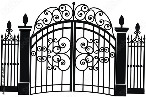 silhouette of a wrought iron gate vector illustration. Metal openwork old gates to the castle. Openwork leaf steel doors to the garden plot