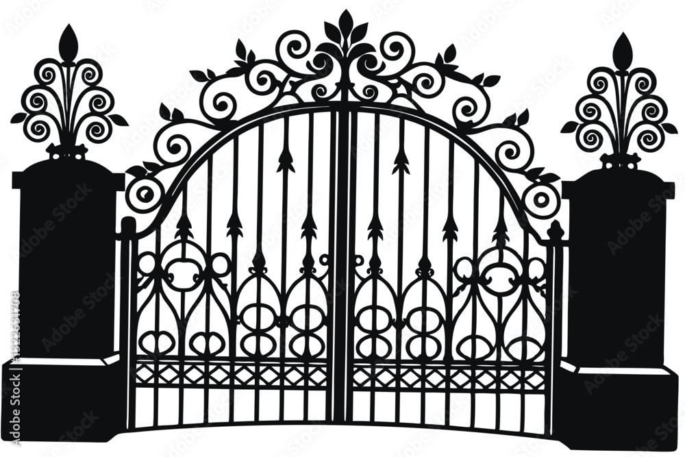 Vector illustration wrought-iron fence. Old metal fence or gate. Gate silhouette. Modern forged gates Vector illustration wrought-iron fence. Old metal fence or gate. Gate silhouette. Modern forged gates