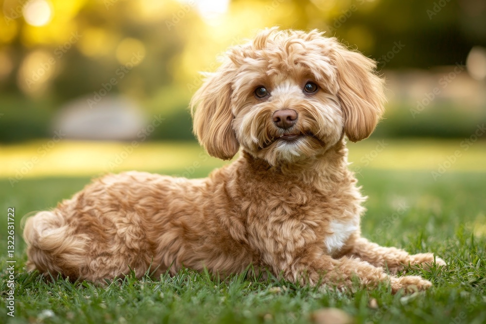 Cute fluffy dog resting in a green park during golden hour sunlight Cute fluffy dog resting in a green park during golden hour sunlight