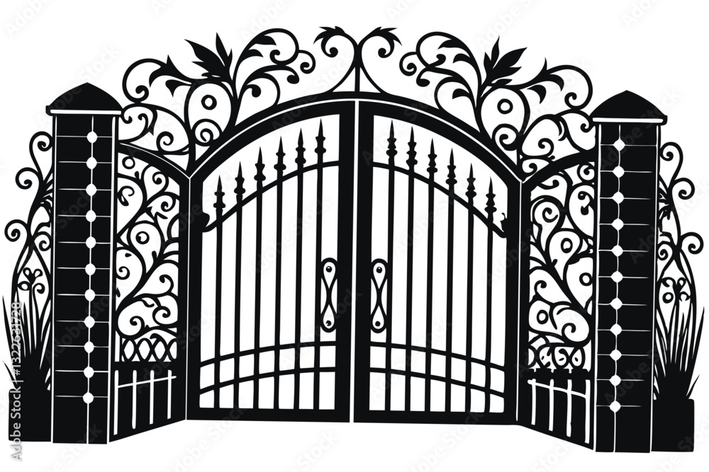 Vector illustration wrought-iron fence. Old metal fence or gate. Gate silhouette. Modern forged gates Vector illustration wrought-iron fence. Old metal fence or gate. Gate silhouette. Modern forged gates
