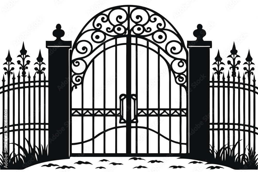 Vector illustration wrought-iron fence. Old metal fence or gate. Gate silhouette. Modern forged gates Vector illustration wrought-iron fence. Old metal fence or gate. Gate silhouette. Modern forged gates