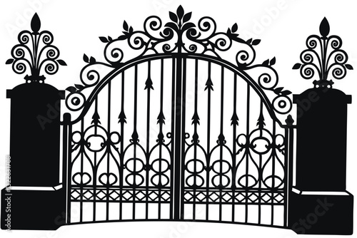 Vector illustration wrought-iron fence. Old metal fence or gate. Gate silhouette. Modern forged gates