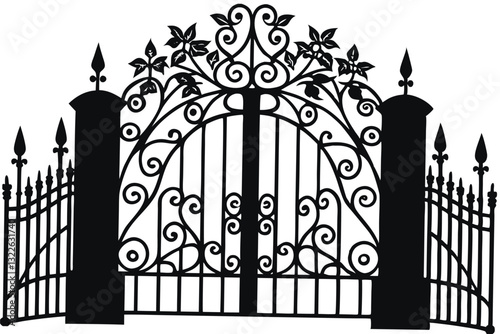 Vector illustration wrought-iron fence. Old metal fence or gate. Gate silhouette. Modern forged gates
