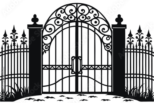 Vector illustration wrought-iron fence. Old metal fence or gate. Gate silhouette. Modern forged gates