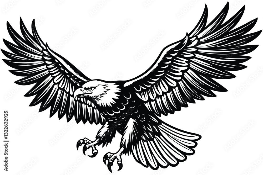 Fototapeta premium Flying Bald Eagle black and white Silhouette vector