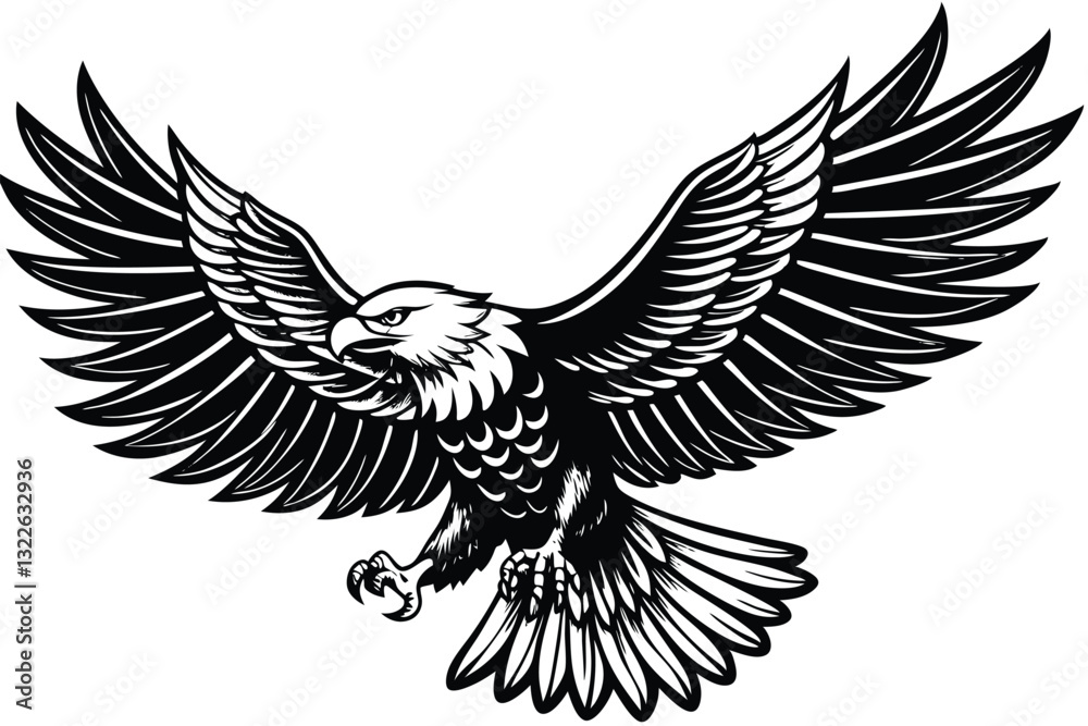 Fototapeta premium Flying Bald Eagle black and white Silhouette vector