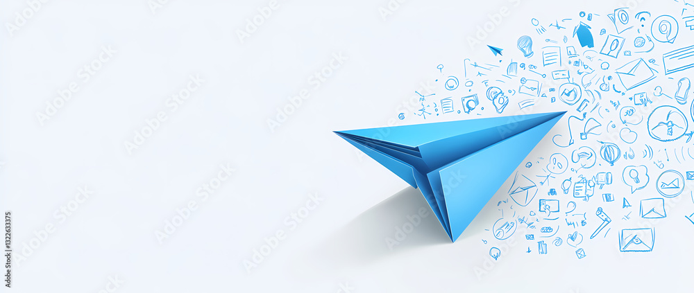Fototapeta premium Paper Airplane and Social Icons: A symbolic blue paper airplane, a beacon of innovation, takes flight amidst a cascade of abstract social media icons.