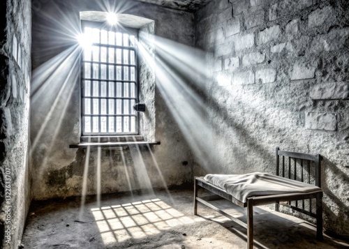 Vintage Prison Cell Interior, Barred Window Light, Sepia Photo, Grim, Dark, Jail, Cell Block,  Grunge, Penitentiary, Confinement