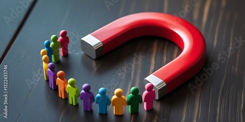 Creative representation of magnet attracting people icons on a wooden surface, illustrating business concepts like engagement, influence, customer retention, and inbound marketing

