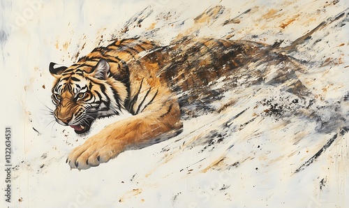 An expressive painting depicts a tiger in aggressive movement