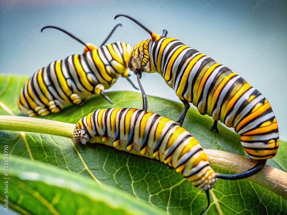 Naklejka premium Panoramic View: Two Monarch Butterfly Caterpillars Feasting on a Leaf