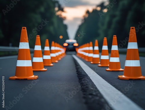 Long line of safety cones on the roadside during evening hours, used for guiding vehicles, signaling construction or repair, with a car approaching from the background


