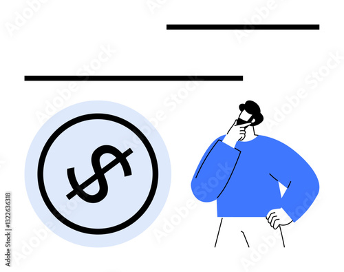 Person holding chin in thought next to large dollar symbol. Ideal for finance, budgeting, decision-making, investment, savings, economy, business strategy. Minimal flat simple metaphor